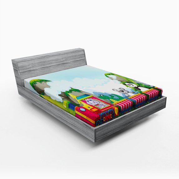 Ambesonne Cartoon Fitted Sheet, Animals on Train, Full Size, Multicolor