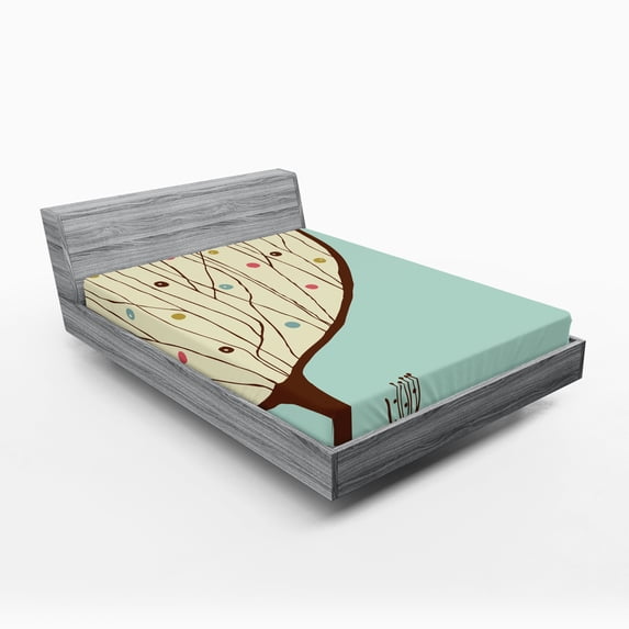 Ambesonne Cartoon Fitted Sheet, Aqua Hand Drawn Tree, Full Size, Multicolor