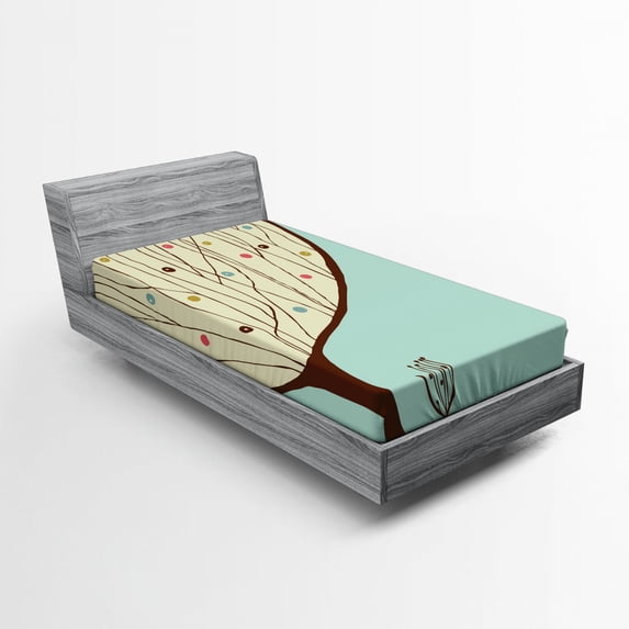 Ambesonne Cartoon Fitted Sheet, Aqua Hand Drawn Tree, Twin XL Size, Multicolor