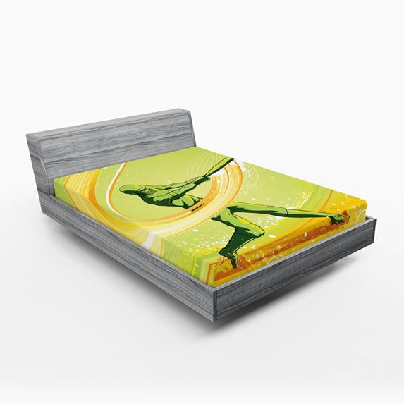 Ambesonne Cartoon Fitted Sheet, Baseball Player Hits, Full Size, Green Yellow
