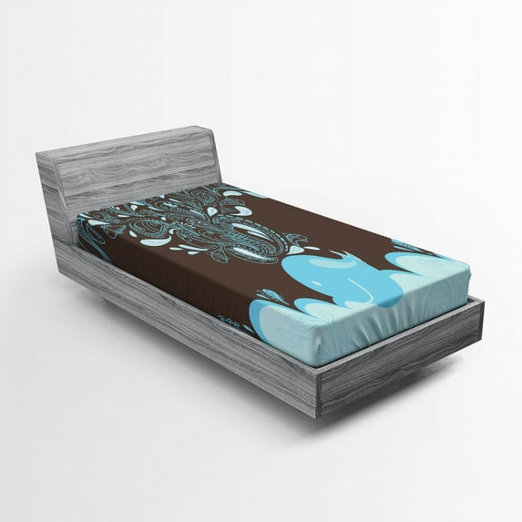 Ambesonne Cartoon Fitted Sheet, Batik Sea Whale Tribal, Twin Size, Blue and Brown