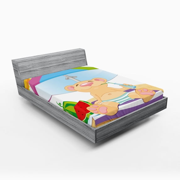 Ambesonne Cartoon Fitted Sheet, Beach Sun Summer Day, Queen Size, Multicolor