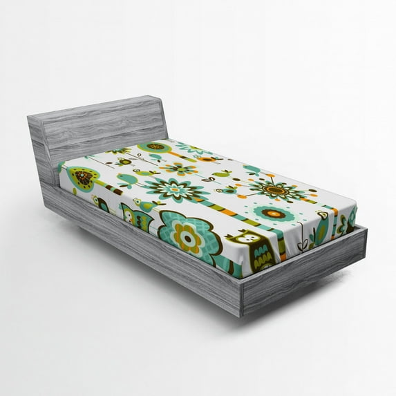 Ambesonne Cartoon Fitted Sheet, Birds Flowers Trees, Twin XL Size, Multicolor