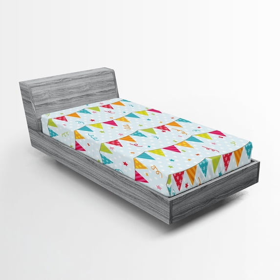 Ambesonne Cartoon Fitted Sheet, Birthday Party Flags Stars, Twin XL Size, Multicolor