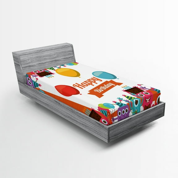 Ambesonne Cartoon Fitted Sheet, Birthday Party with Animals, Twin XL Size, Multicolor