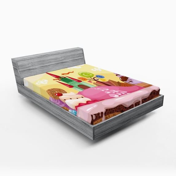 Ambesonne Cartoon Fitted Sheet, Castle Scenery, Full Size, Sand Brown and Pink