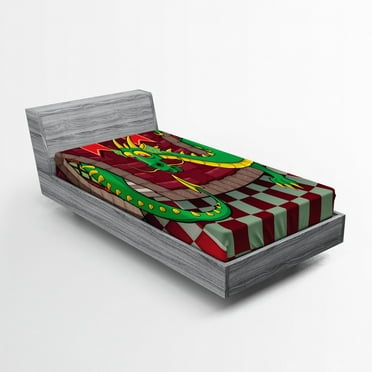 Ambesonne Cartoon Fitted Sheet, Castle with Dragon, Twin XL Size, Ruby Green
