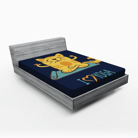 Ambesonne Cartoon Fitted Sheet, Cat Lotus Position, Queen Size, Pale Blue Dark Blue