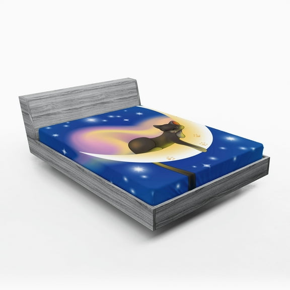 Ambesonne Cartoon Fitted Sheet, Cat, Queen Size, Yellow Blue