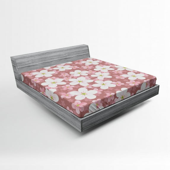 Ambesonne Cartoon Fitted Sheet, Cherry Blossoms Petal, Full Size, Dried Rose White Green