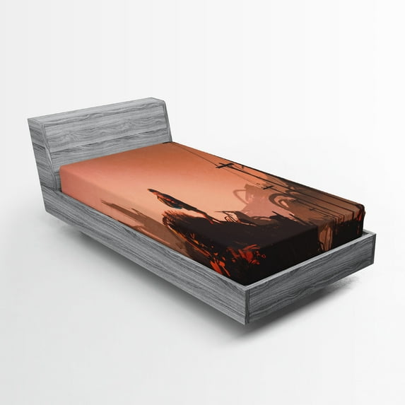 Ambesonne Cartoon Fitted Sheet, City Scene Abandoned, Twin Size, Pink Red