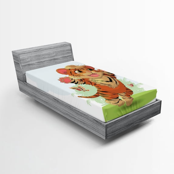 Ambesonne Cartoon Fitted Sheet, Cub with Butterflies, Twin Size, Orange Cream Green