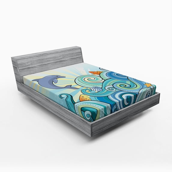 Ambesonne Cartoon Fitted Sheet, Dolphin Ocean, Queen Size, Multicolor
