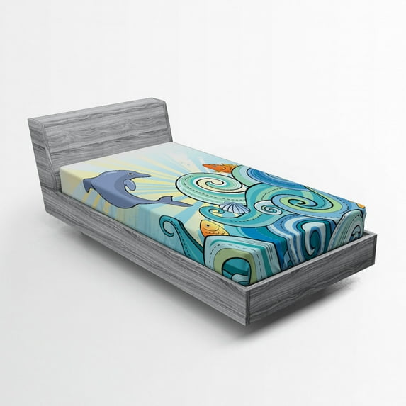 Ambesonne Cartoon Fitted Sheet, Dolphin Ocean, Twin XL Size, Multicolor
