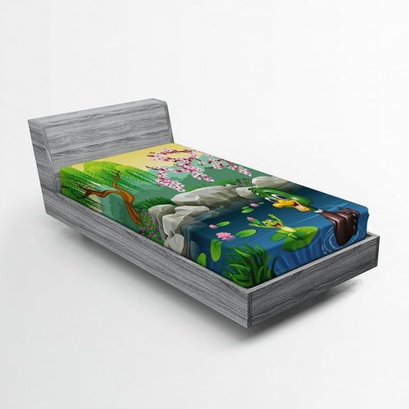 Ambesonne Cartoon Fitted Sheet, Duck and Frog in a Lake, Twin Size, Multicolor