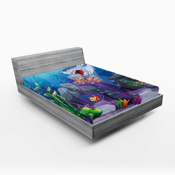 Ambesonne Cartoon Fitted Sheet, Evil Shark Little Fish, Full Size, Multicolor