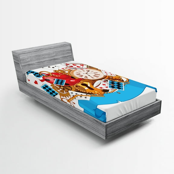 Ambesonne Cartoon Fitted Sheet, Fantasy World Cards Clocks, Twin Size, Multicolor