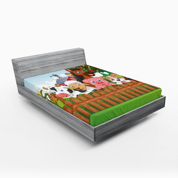 Ambesonne Cartoon Fitted Sheet, Farm Animals Mascots, Full Size, Multicolor