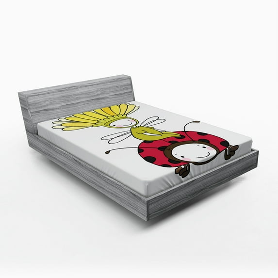 Ambesonne Cartoon Fitted Sheet, Flower and Ladybug, Queen Size, Multicolor