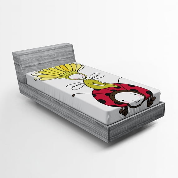 Ambesonne Cartoon Fitted Sheet, Flower and Ladybug, Twin XL Size, Multicolor