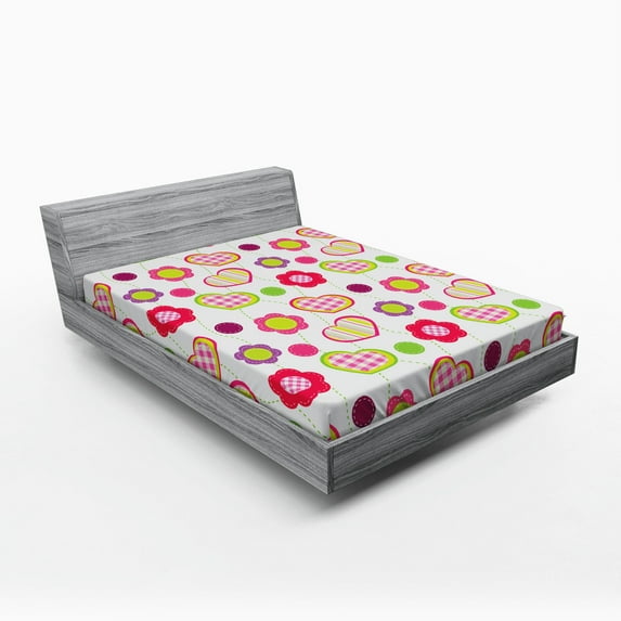 Ambesonne Cartoon Fitted Sheet, Flowers Heart Shapes, Queen Size, Lime Purple Red