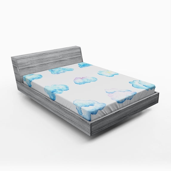 Ambesonne Cartoon Fitted Sheet, Fluffy Clouds, Full Size, Blue White