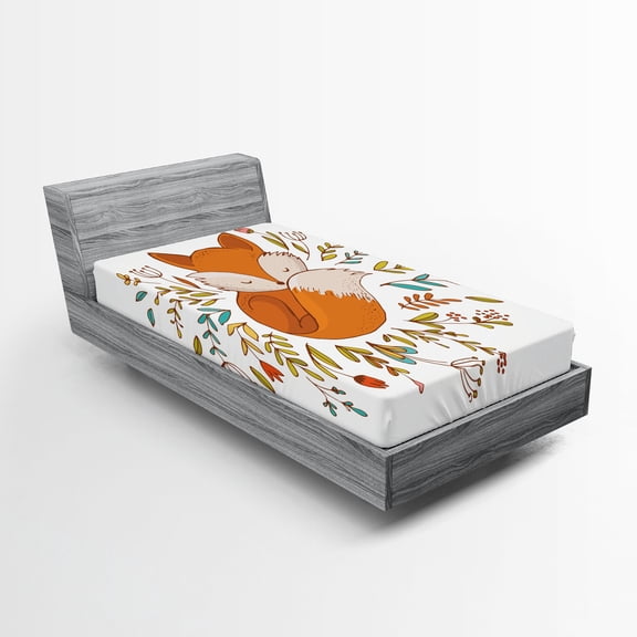 Ambesonne Cartoon Fitted Sheet, Fox Flowers, Twin Size, Dark Orange White