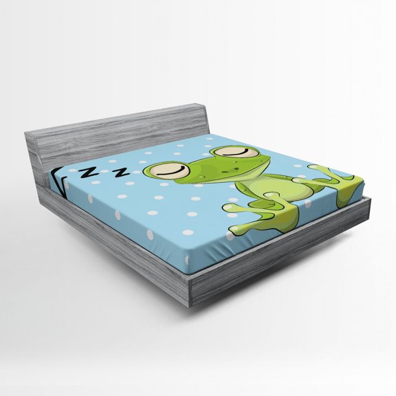 Ambesonne Cartoon Fitted Sheet, Frog Prince Polka Dots, Full Size, Green Blue