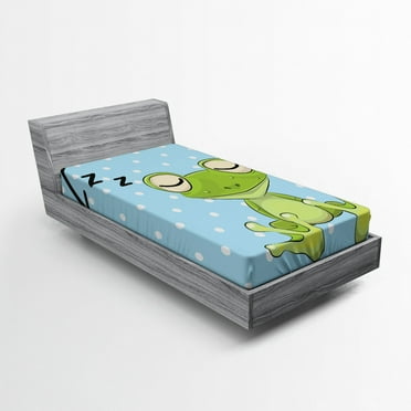 Ambesonne Cartoon Fitted Sheet, Frog Prince Polka Dots, Twin XL Size, Green Blue