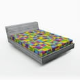 thumbnail image 1 of Ambesonne Cartoon Fitted Sheet, Funny Blocks Cube Pattern, Queen Size, Purple Green and Blue, 1 of 2