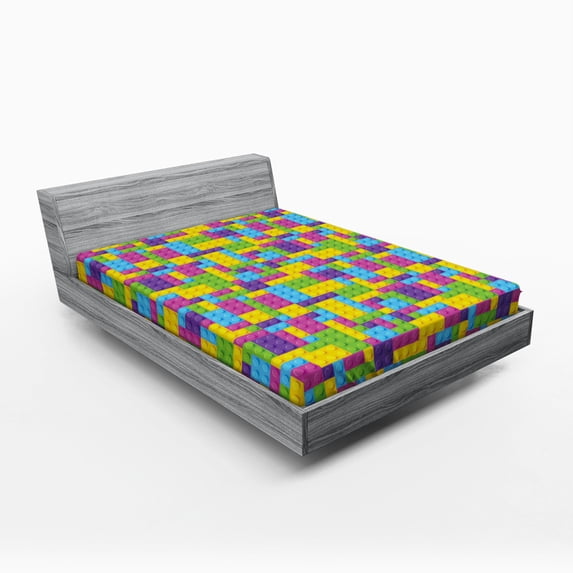 Ambesonne Cartoon Fitted Sheet, Funny Blocks Cube Pattern, Queen Size, Purple Green and Blue