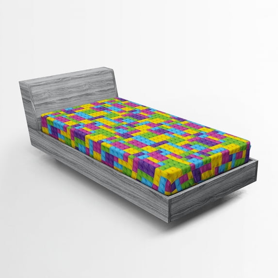 Ambesonne Cartoon Fitted Sheet, Funny Blocks Cube Pattern, Twin Size, Purple Green and Blue