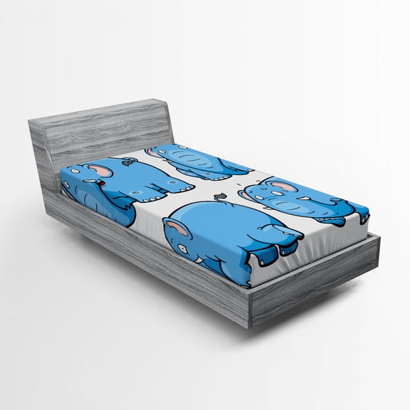 Ambesonne Cartoon Fitted Sheet, Funny Motifs, Twin Size, Pale Blue White