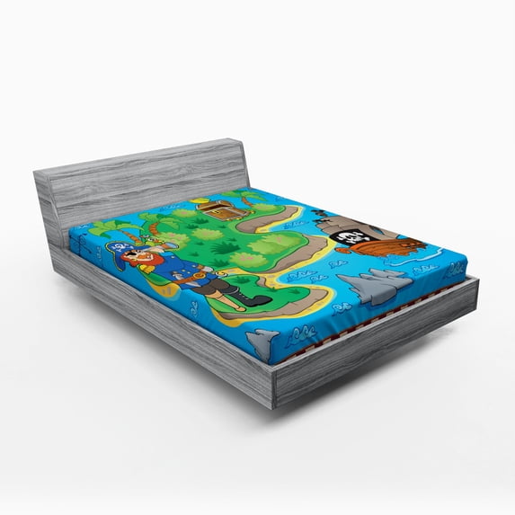 Ambesonne Cartoon Fitted Sheet, Funny Pirate Ship Island, Full Size, Multicolor