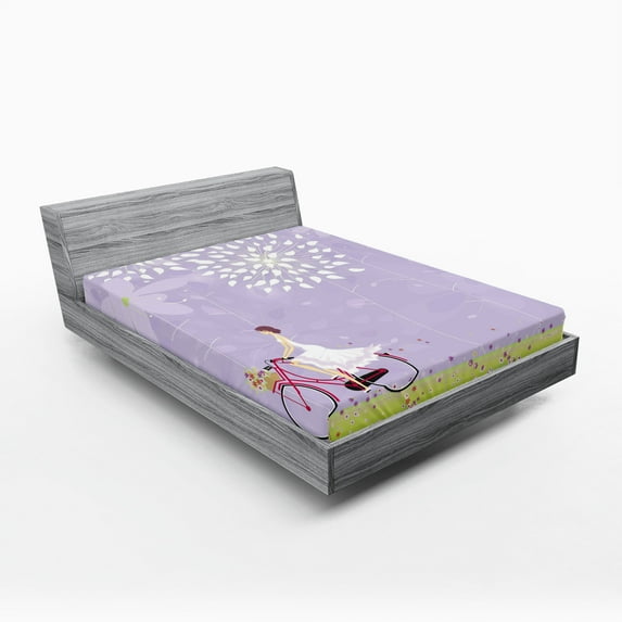 Ambesonne Cartoon Fitted Sheet, Girl Riding Bike Windy, Queen Size, Apple Green Lavender