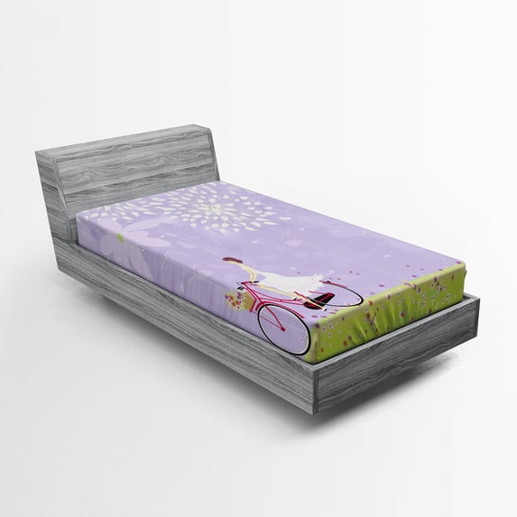 Ambesonne Cartoon Fitted Sheet, Girl Riding Bike Windy, Twin Size, Apple Green Lavender