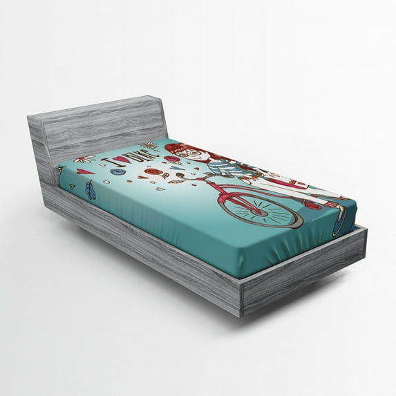 Ambesonne Cartoon Fitted Sheet, Girl with Bike, Twin XL Size, Dried Rose and Pale Blue