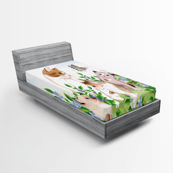 Ambesonne Cartoon Fitted Sheet, Happy Kittens, Twin Size, Multicolor