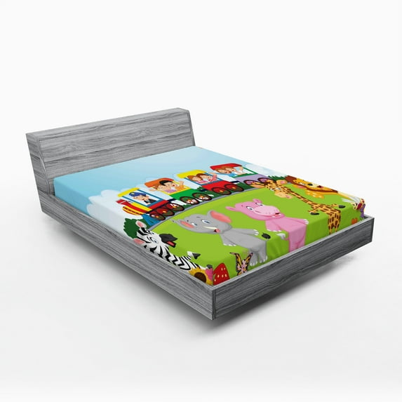 Ambesonne Cartoon Fitted Sheet, Happy Savannah Forest Train, California King, Multicolor