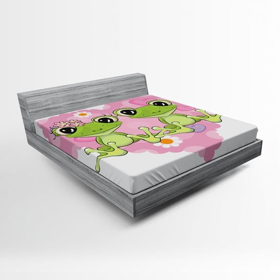 Ambesonne Cartoon Fitted Sheet, Heart in Love Flowers, Full Size, Dried Rose Lime Green