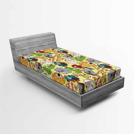 Ambesonne Cartoon Fitted Sheet, Hippo Giraffe Koala, Twin XL Size, Multicolor