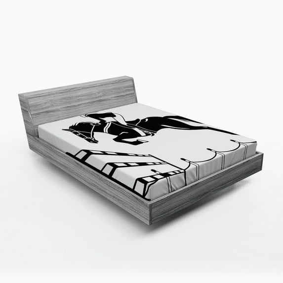 Ambesonne Cartoon Fitted Sheet, Jockey Girl Jumping, Full Size, White Charcoal Grey