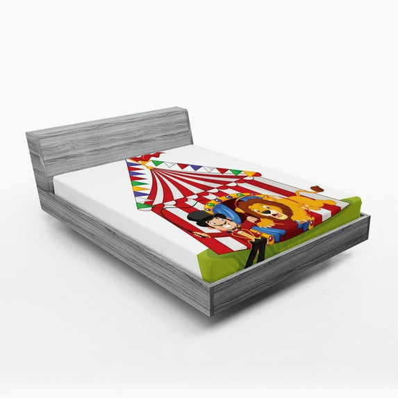 Ambesonne Cartoon Fitted Sheet, Lion Jumping Ring, Full Size, Multicolor