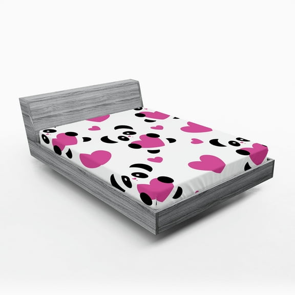 Ambesonne Cartoon Fitted Sheet, Love Pandas Hearts, Full Size, Fuchsia Black White