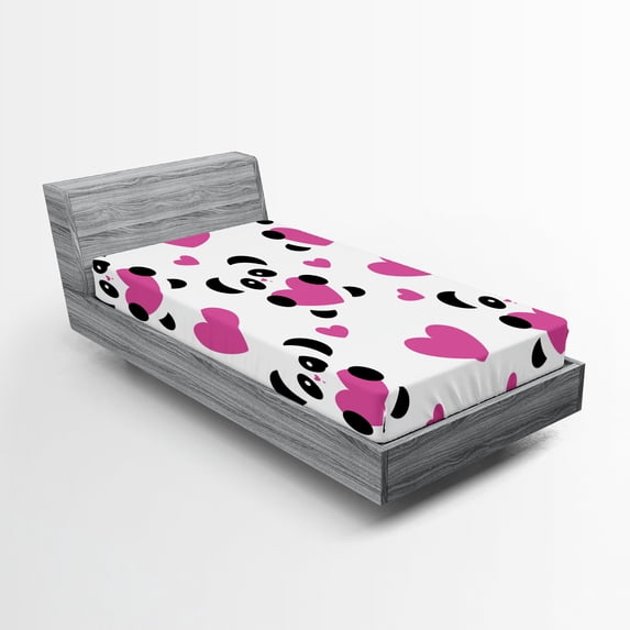 Ambesonne Cartoon Fitted Sheet, Love Pandas Hearts, Twin Size, Fuchsia Black White