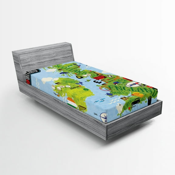 Ambesonne Cartoon Fitted Sheet, Maps of Britain Ireland, Twin XL Size, Pale Blue Apple Green