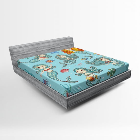 Ambesonne Cartoon Fitted Sheet, Marine Creatures Art, Queen Size, Teal Orange