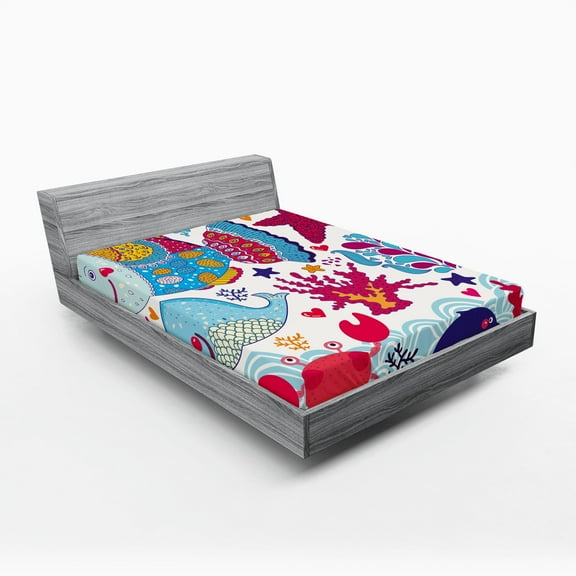 Ambesonne Cartoon Fitted Sheet, Marine Ocean Life, Full Size, Multicolor