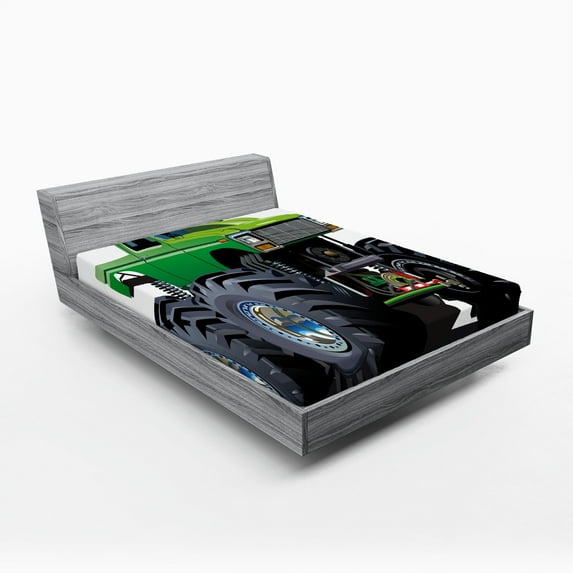 Ambesonne Cartoon Fitted Sheet, Monster Pickup Truck, California King, Green Grey