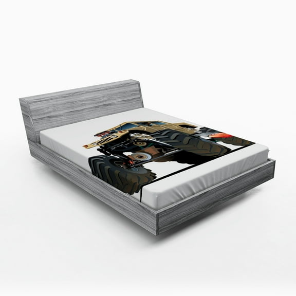 Ambesonne Cartoon Fitted Sheet, Monster Truck Racing, Full Size, Multicolor